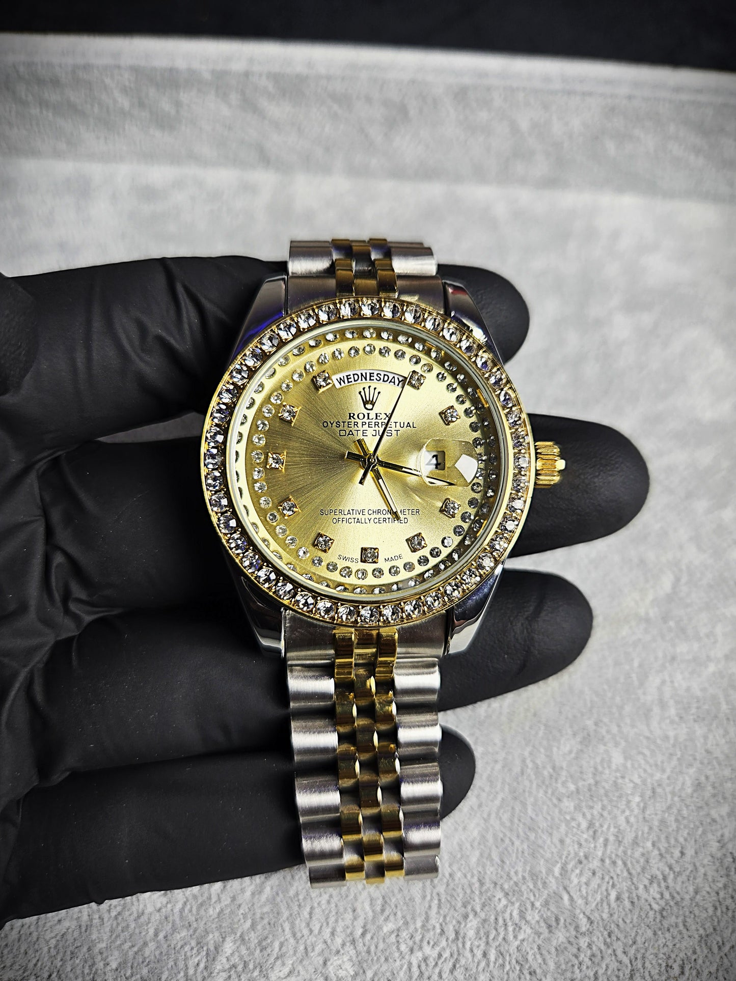 Rolex Day-Date Oyster Perpetual – Two-Tone Steel & Yellow Gold with Diamond Dial and Bezel