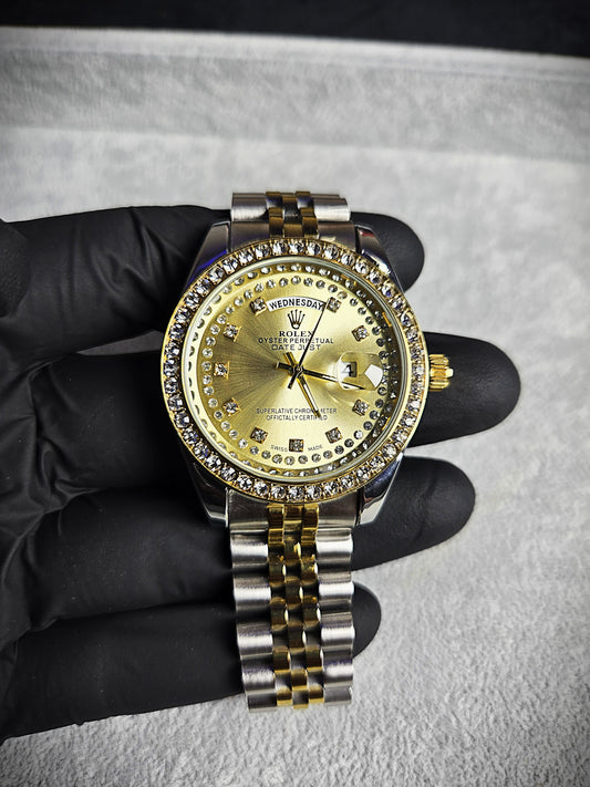 Rolex Day-Date Oyster Perpetual – Two-Tone Steel & Yellow Gold with Diamond Dial and Bezel